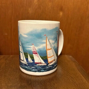 VTG Otagiri Sailboat Racing Coffee Mug Cup Regatta Seagulls Nautical Boat Ocean